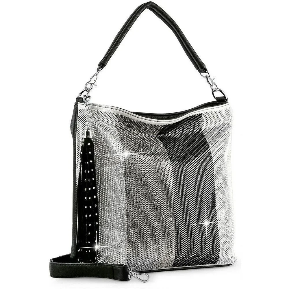 Women's Grey Rhinestone Stripe Pattern Hobo Handbag Top Handle Satchel
